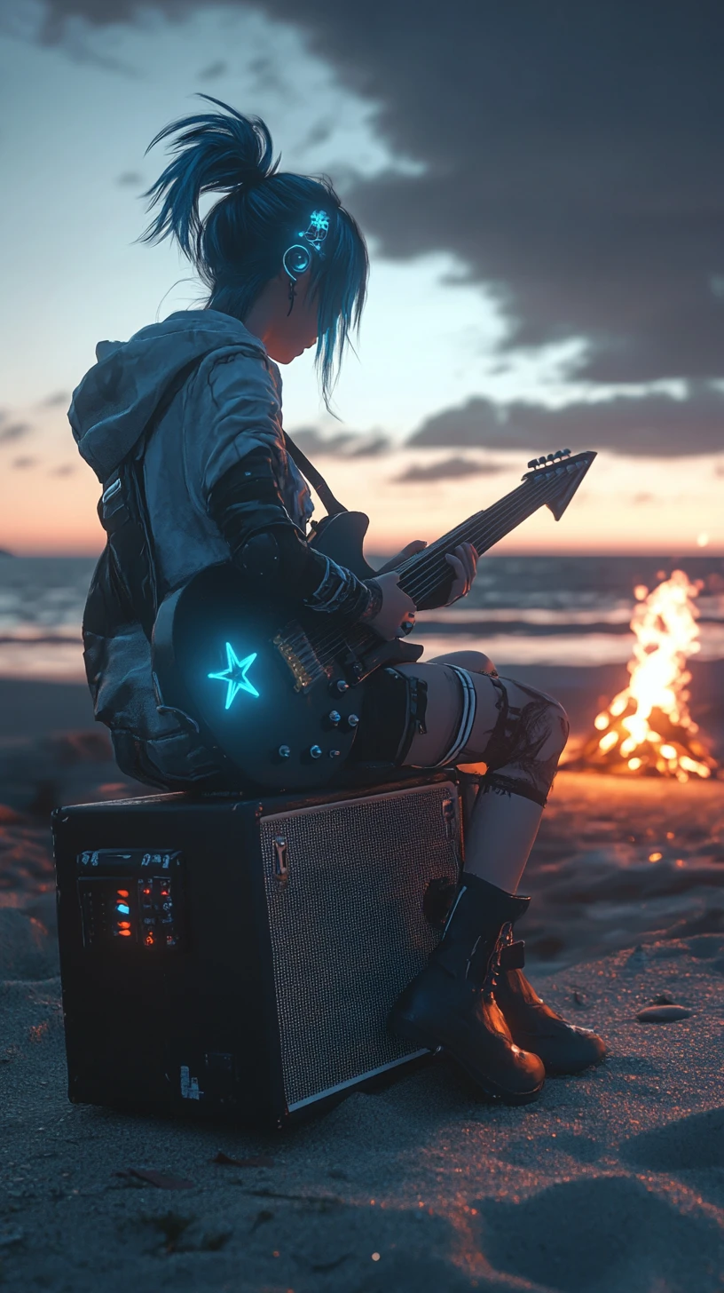 Girl playing guitar by a bonfire on a night beach