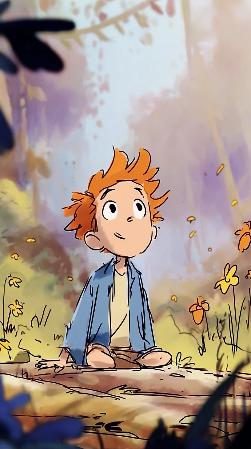 Joyful red haired boy sitting on a jungle rock