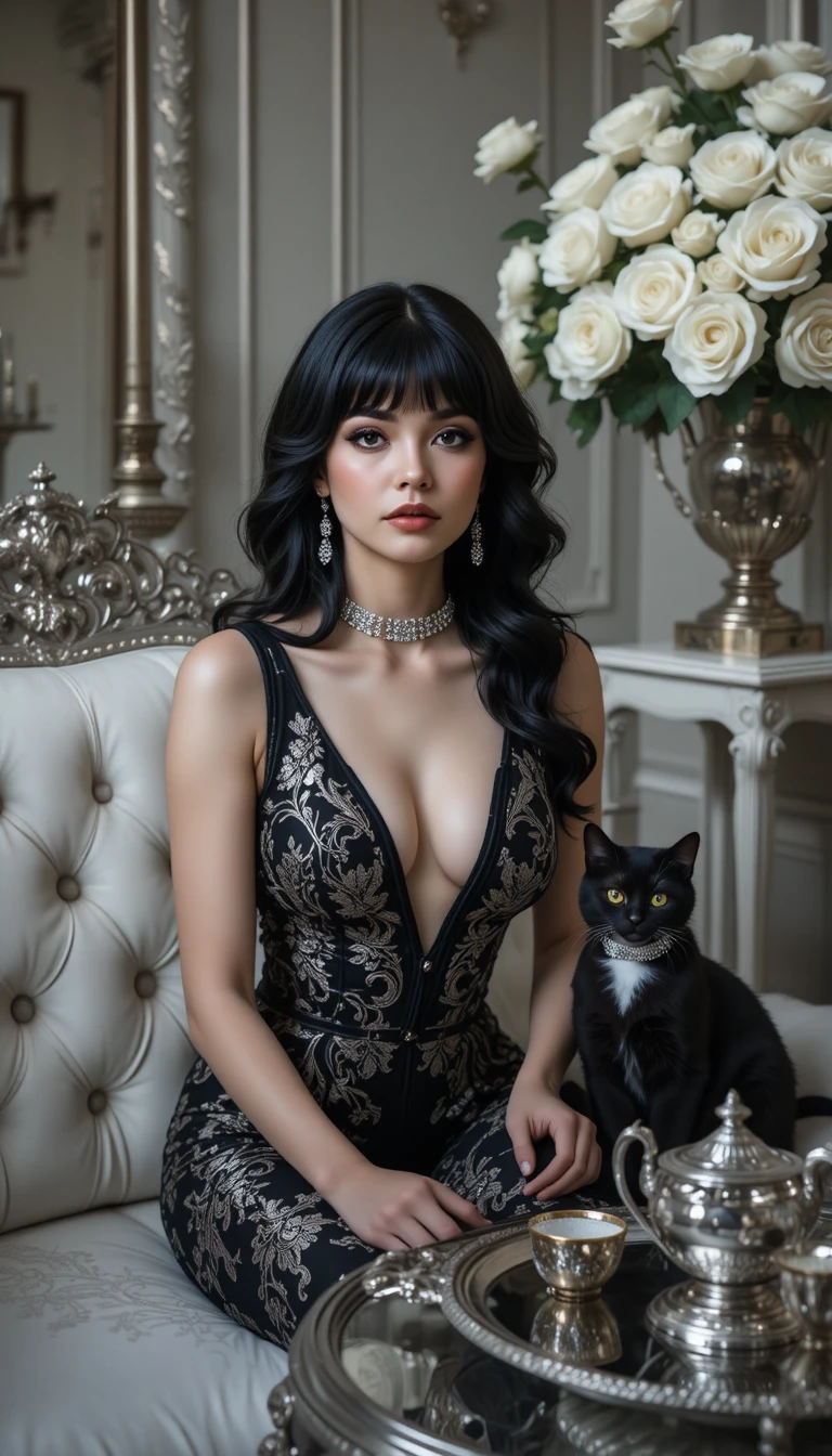 Elegante Frau mit schwarzer Katze in gotisch-luxuriösem Interieur