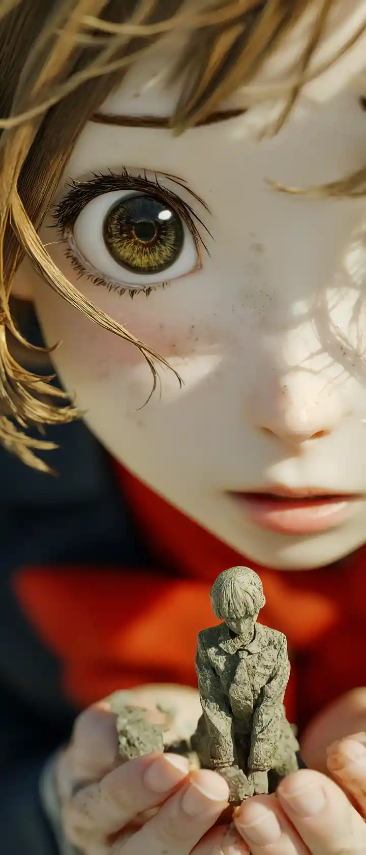 Low angle anime girl gazing at tiny cement figure
