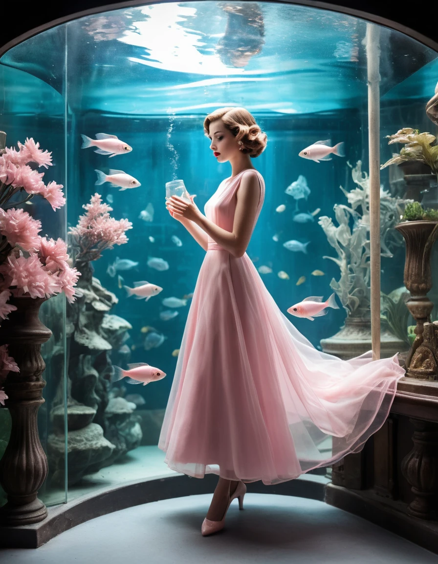 Elegant woman in pink dress by vintage aquarium