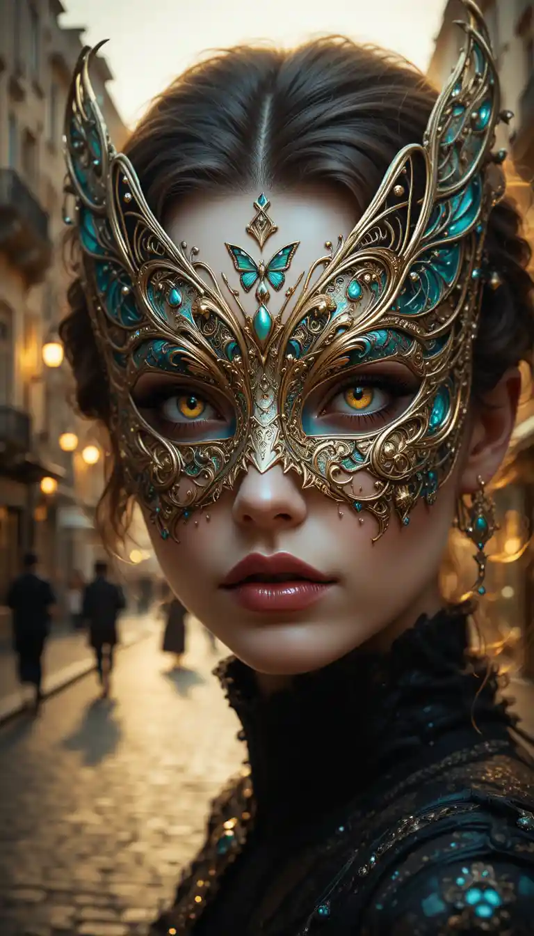 Masked woman with vivid eyes in glowing city street