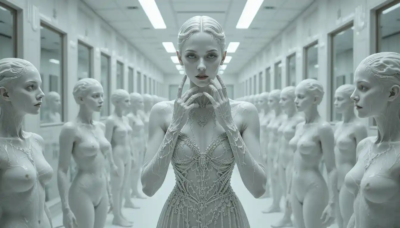 Porcelain woman spreading a plague in an endless mirror gallery