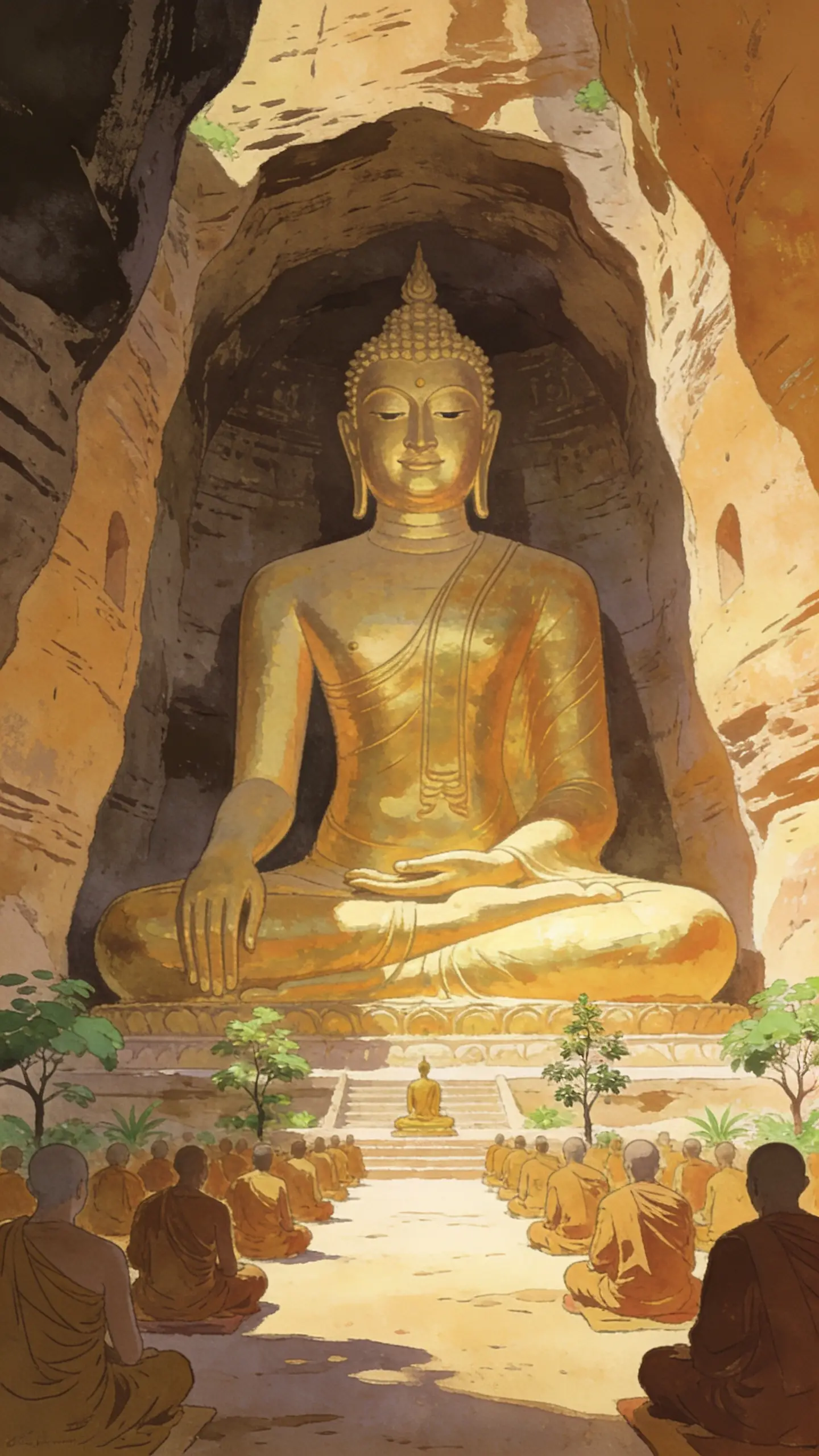 Golden Buddha statue in an ancient cave temple interior