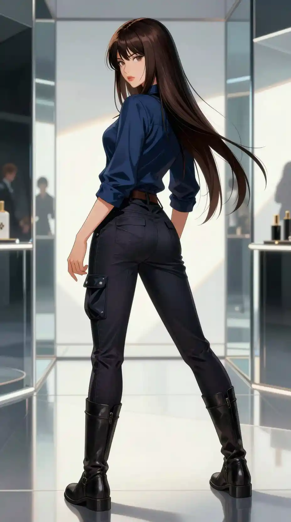 Young woman posing in futuristic mirrored chamber
