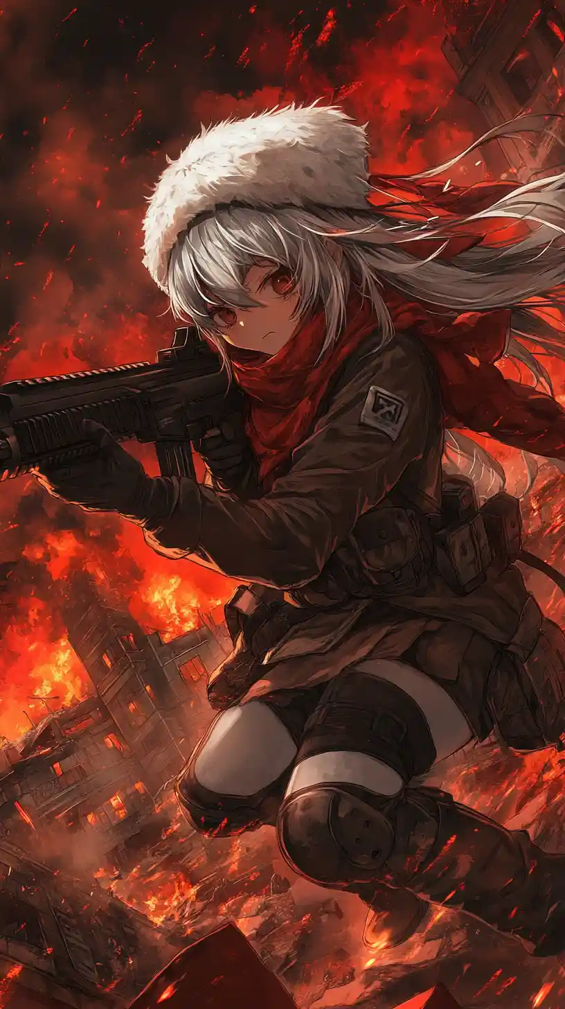 Anime girl aiming a rifle in a ruined war zone