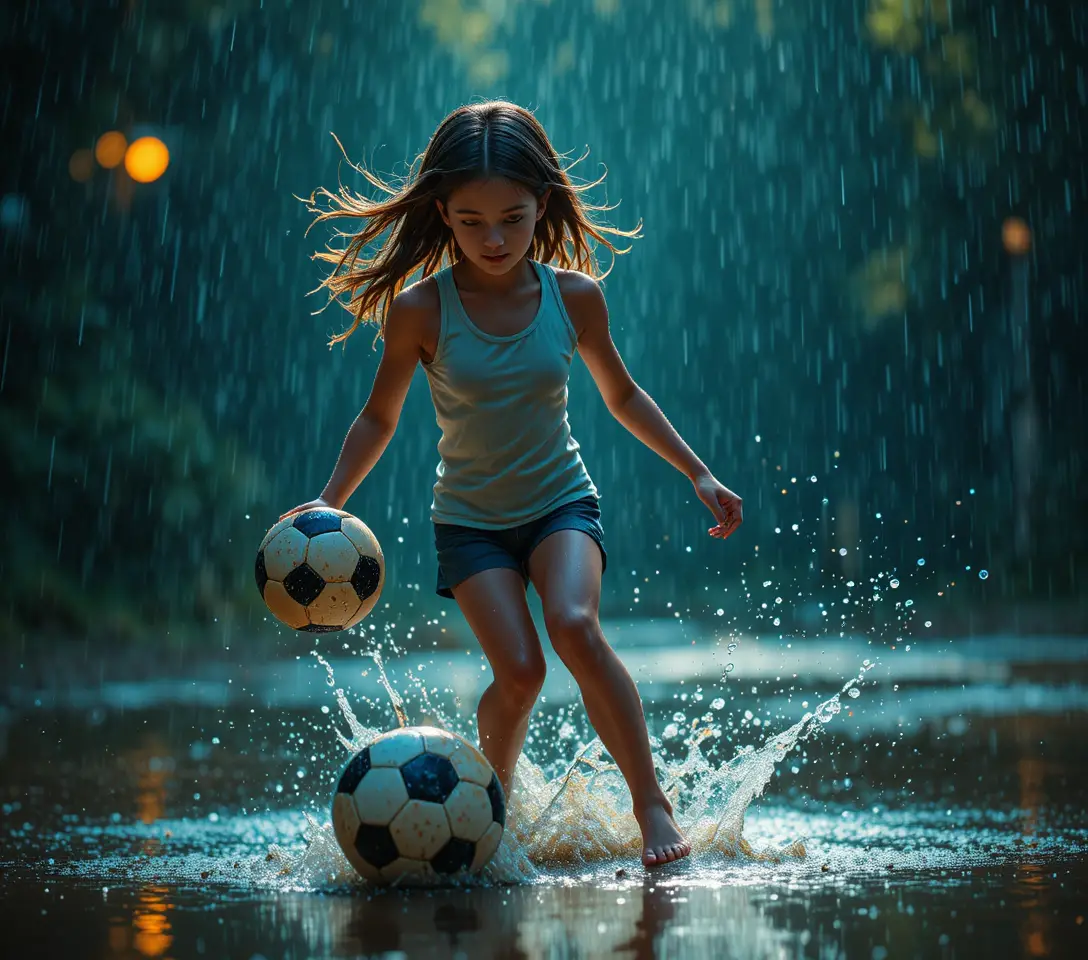 Young girl playing soccer barefoot in summer rain
