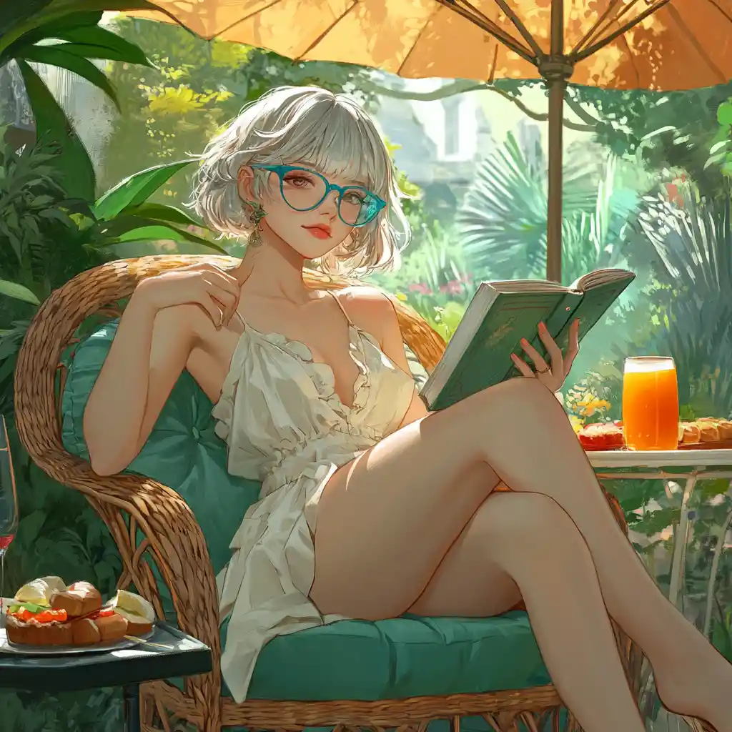Woman reading on a rattan chair in a tranquil garden