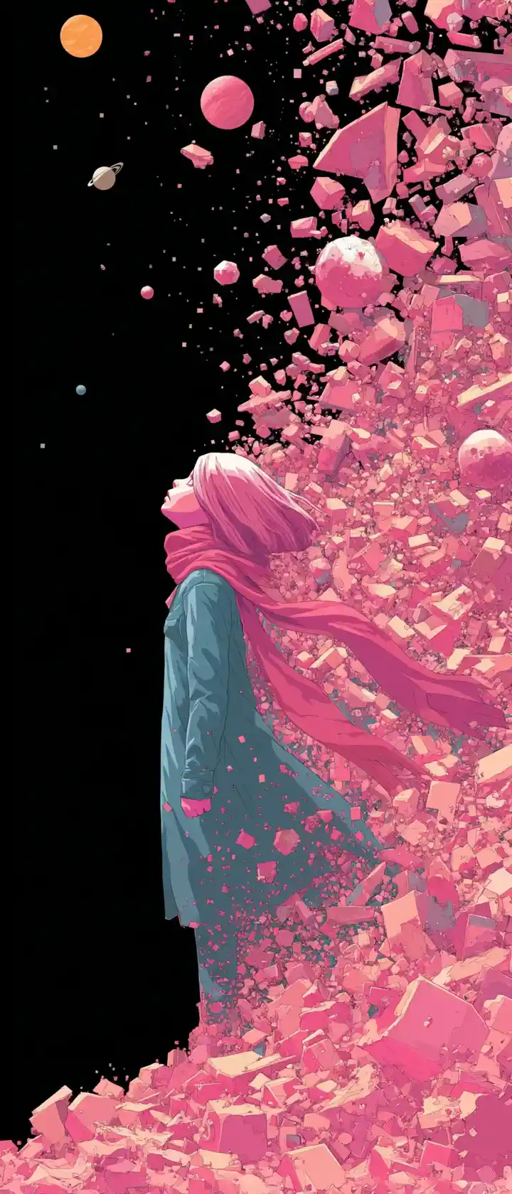 Anime girl floating in stylized galaxy with pixelated hair