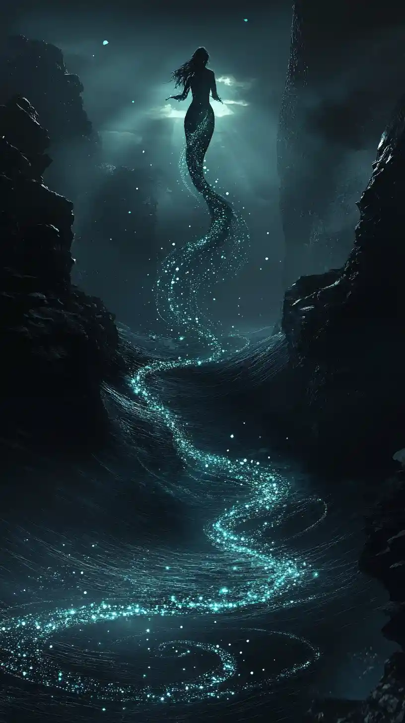 Eerie mermaid emerging from dark concentric ocean waves