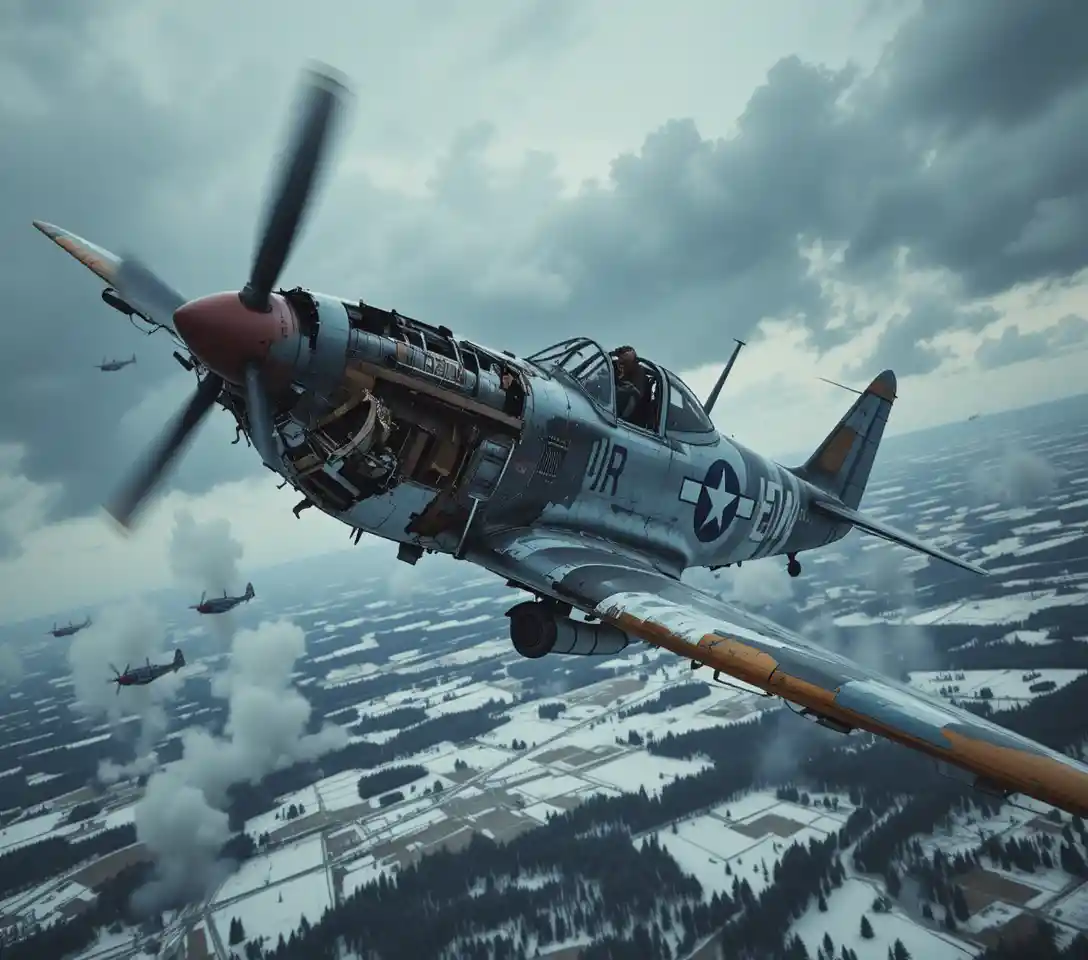 Damaged American warplane flying over winter battlefield