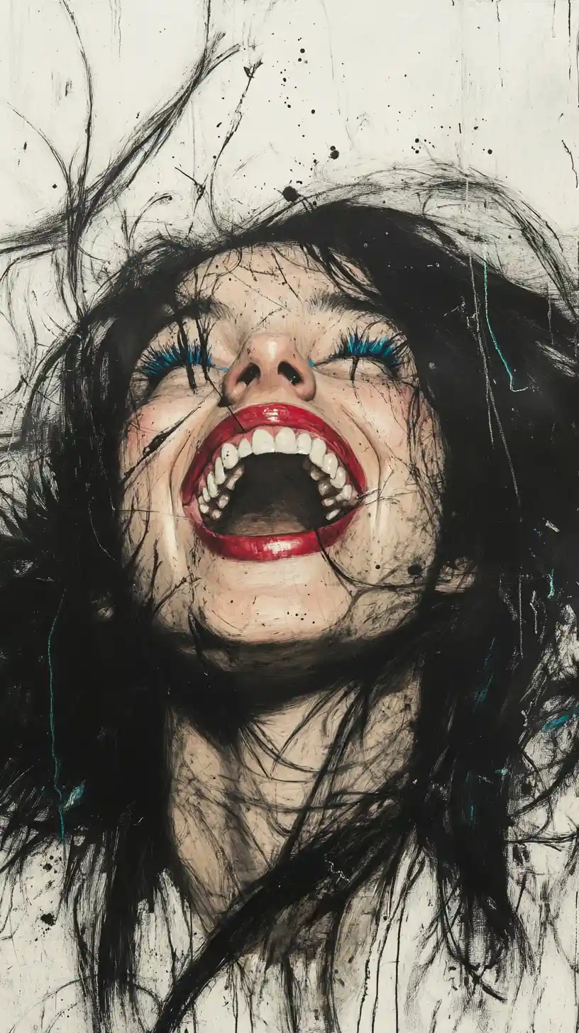 Joyful woman portrait with wild hair in charcoal drawing