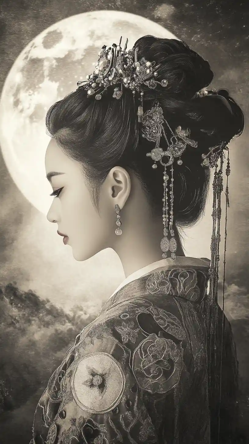 Profile portrait of an east asian girl under a full moon