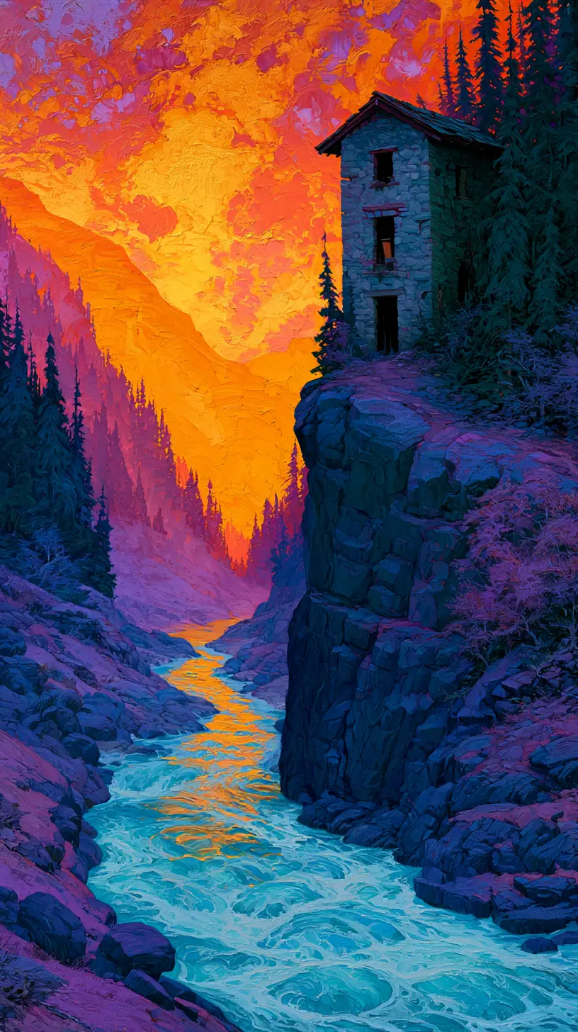 Surreal sunset river valley with cliffside abandoned stone house