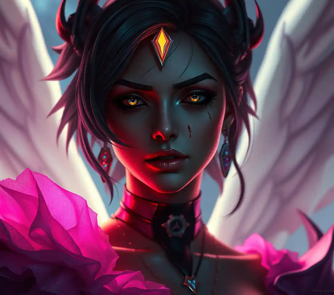 Surreal sensual portrait inspired by Overwatch fantasy scene