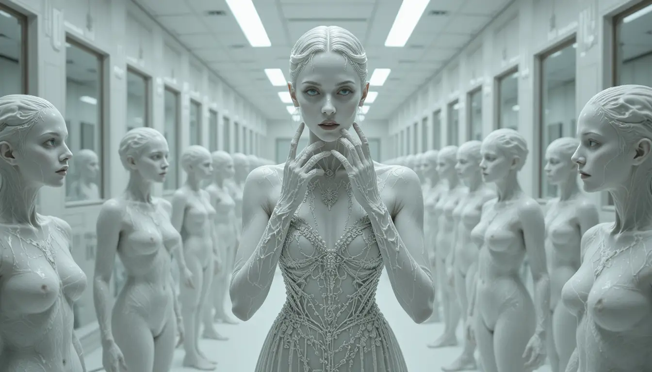 Porcelain woman spreading a plague in an endless mirror gallery