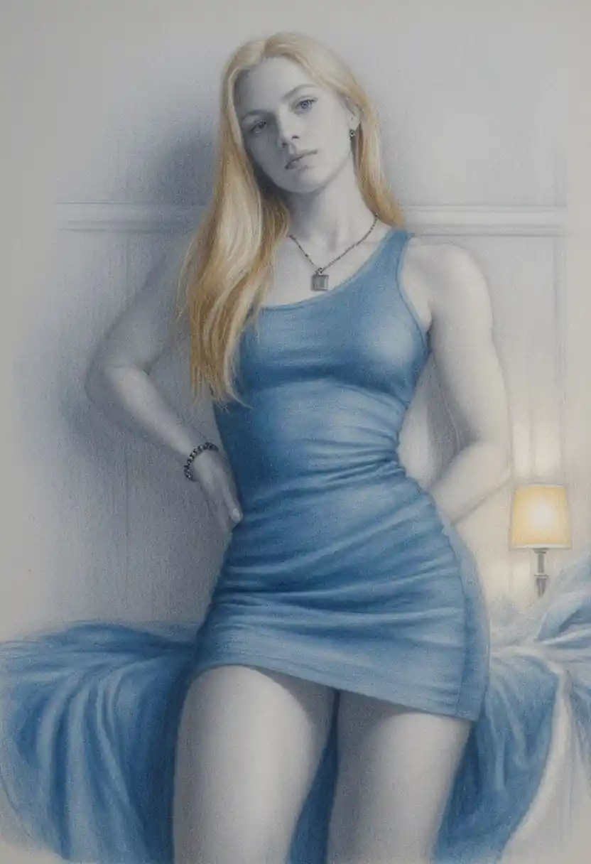 Blonde woman in gray dress posing confidently by bed