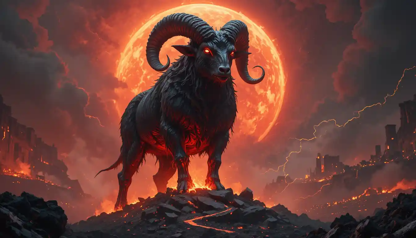 Demonic ram of scorched earth over a burning wasteland