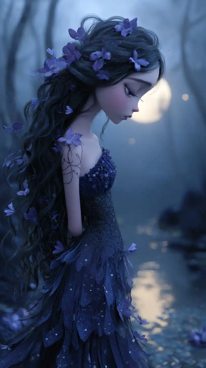 Melancholic girl in blue gown under moonlit forest sky
