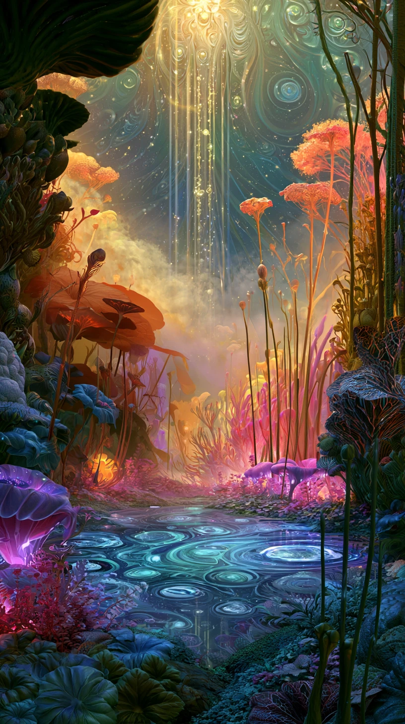 Surreal cosmic garden filled with stars eyes and plants