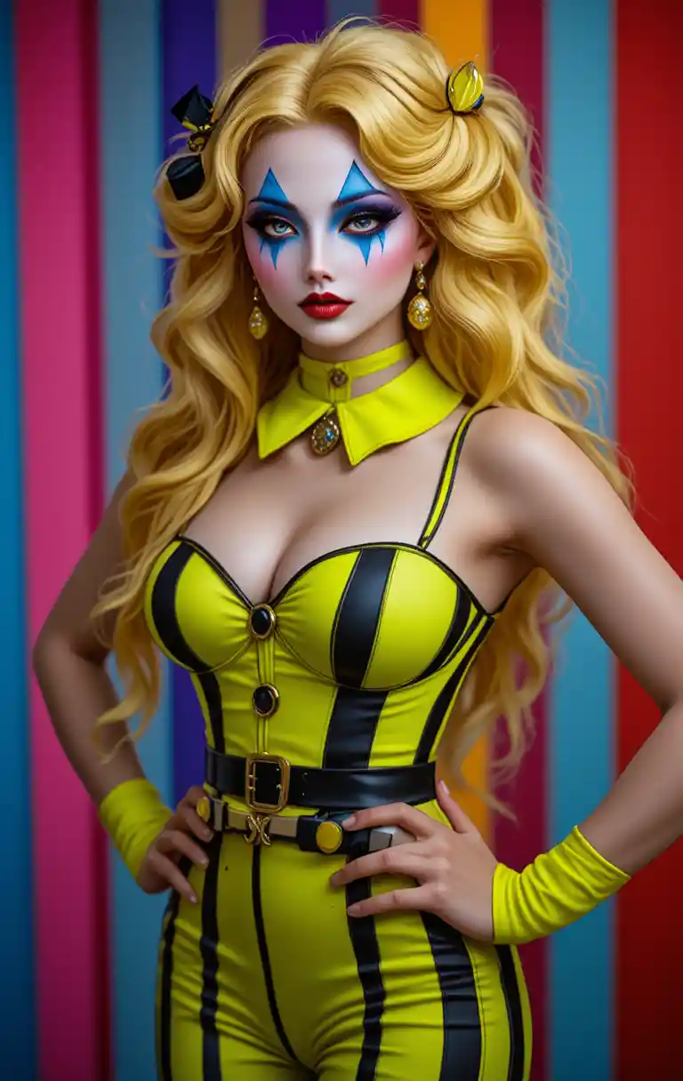 Cute clown woman with yellow hair on striped background