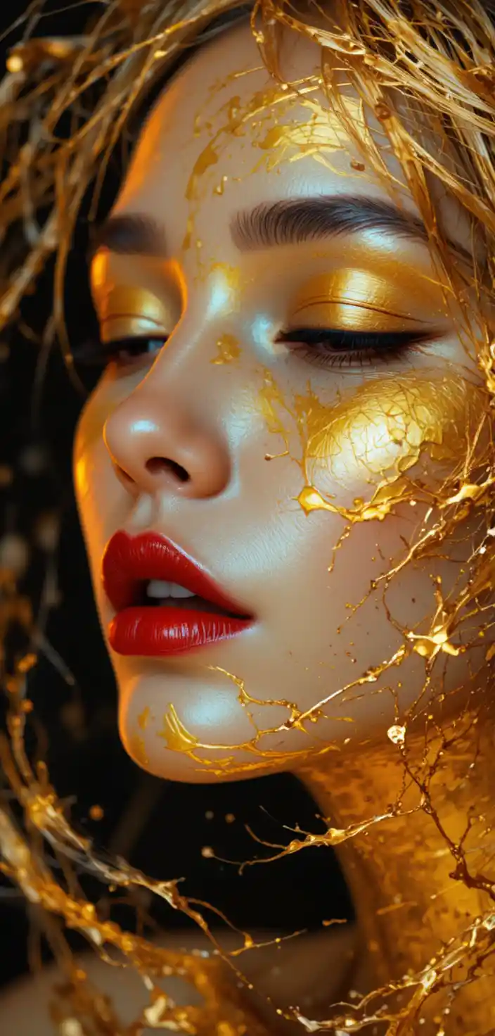 Golden woman close up with red lips on black background