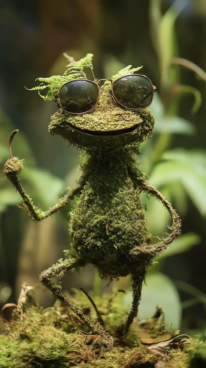 Anthropomorphic fern with sunglasses and a confident smile