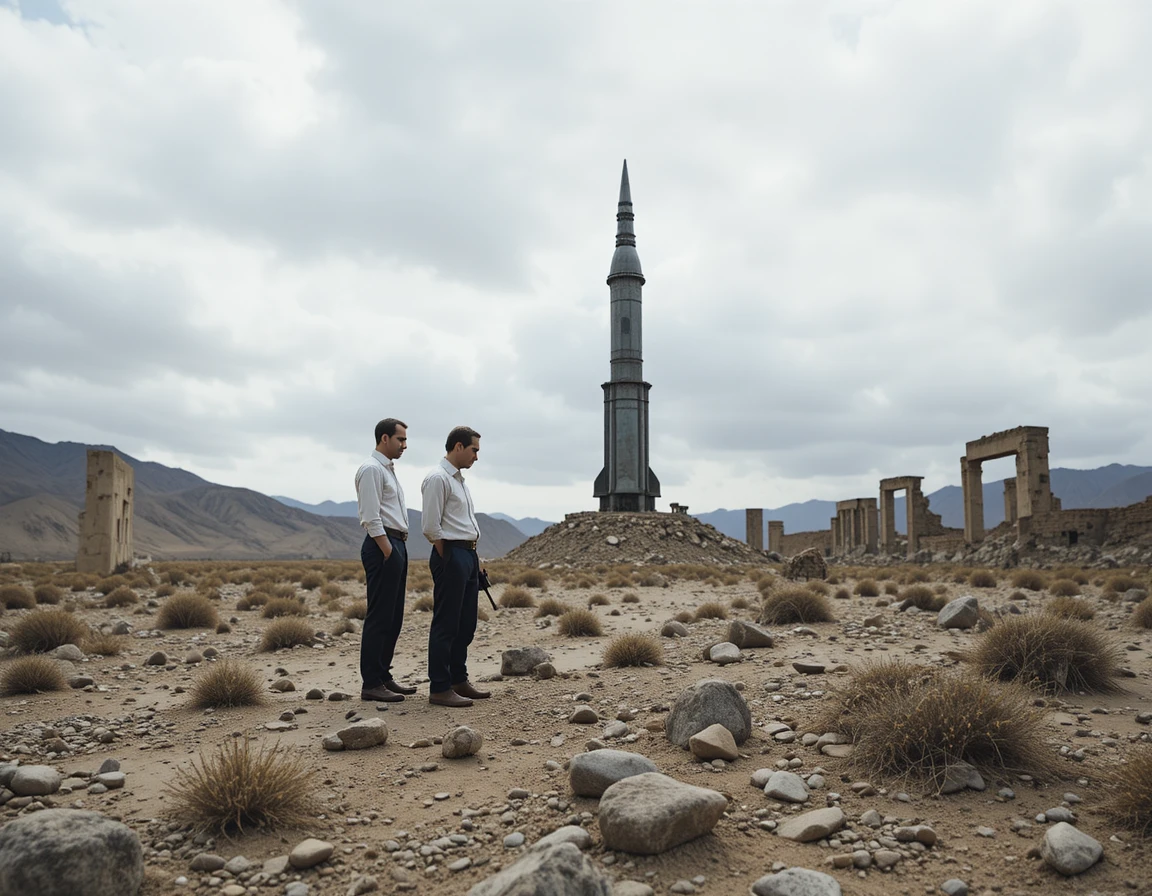 Two men in a barren desert with a towering missile