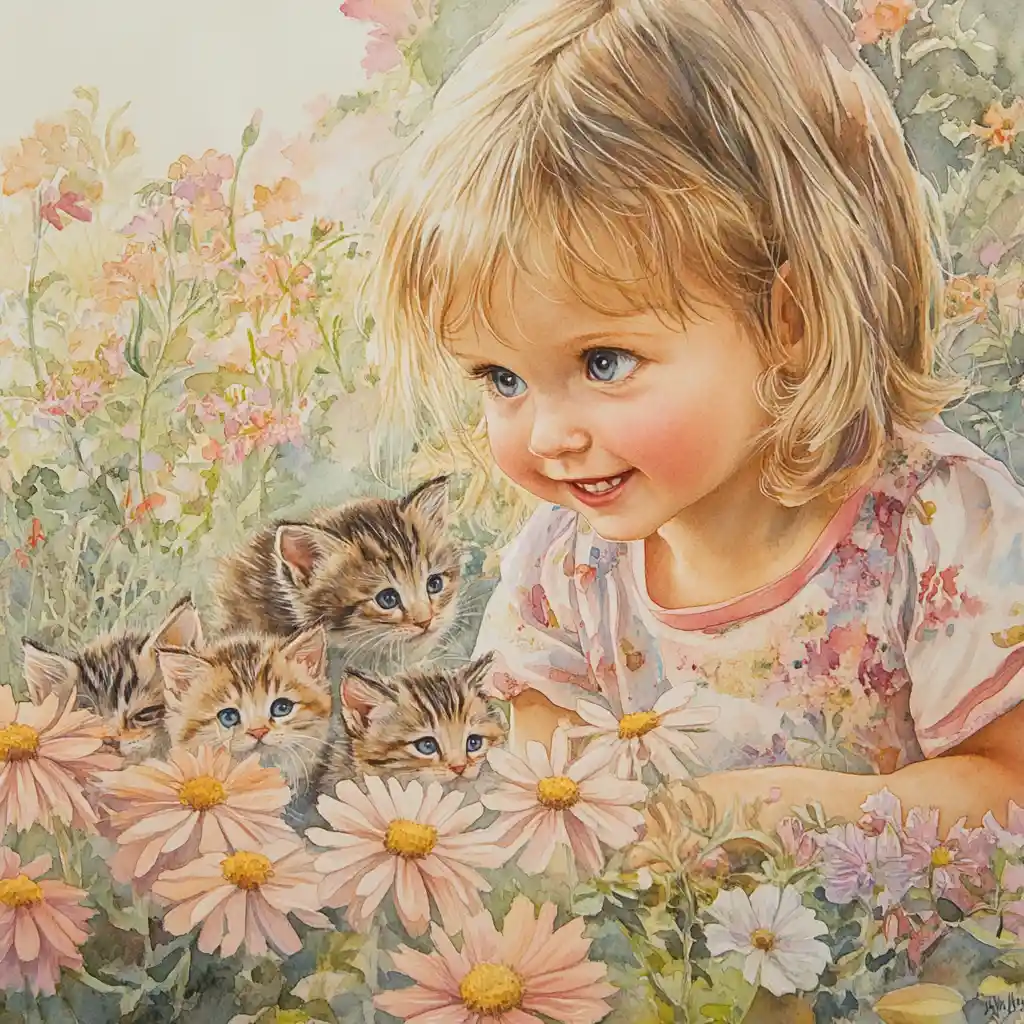 Little girl watching kittens in a sunny flower garden