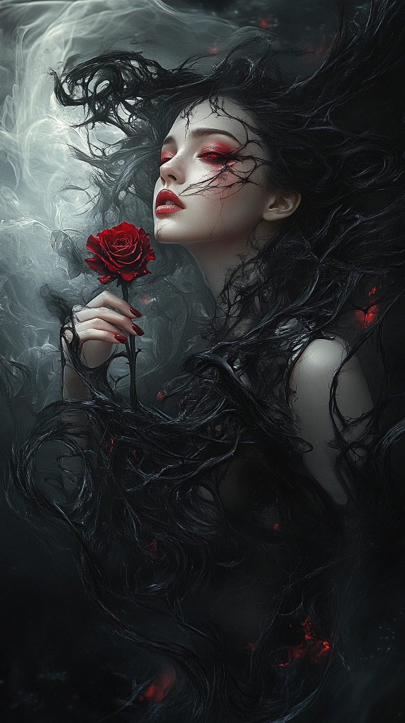 Dark haired woman with red eyes holding a black rose