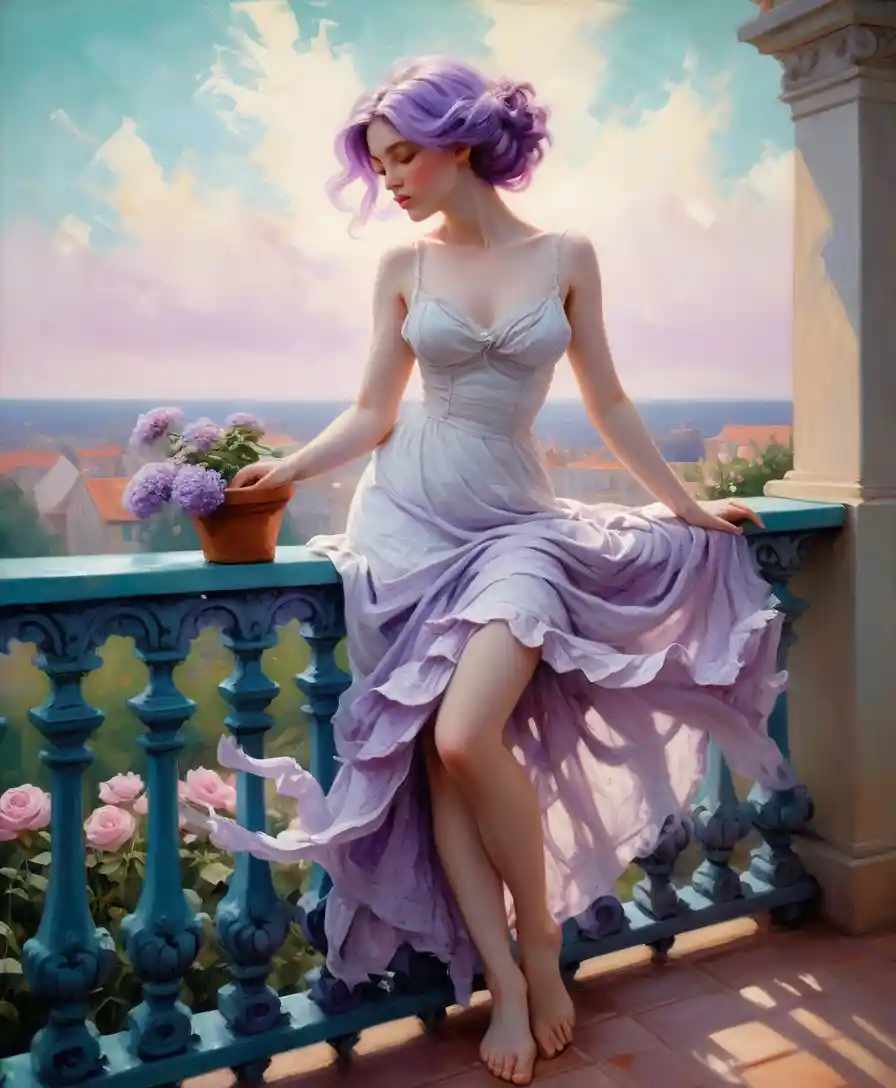 Woman with lavender hair on balcony in soft impressionism
