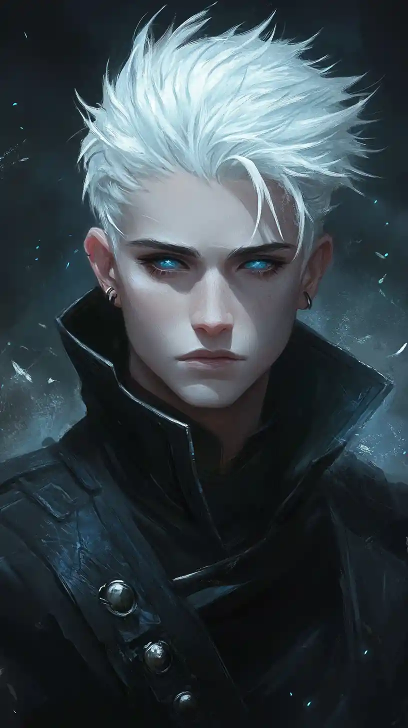 White haired anime man with piercing blue eyes