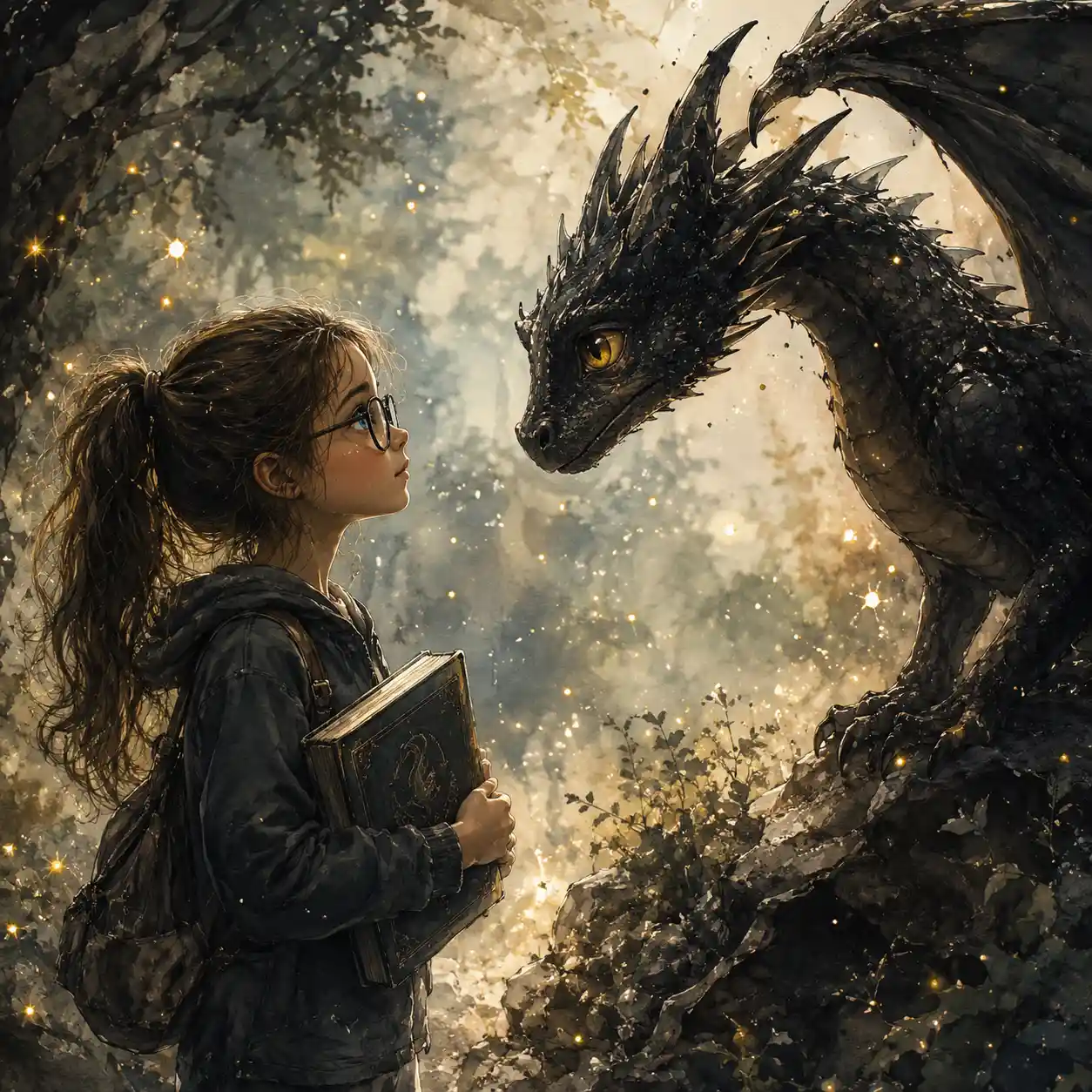 Girl and baby dragon meet in a glowing fantasy forest