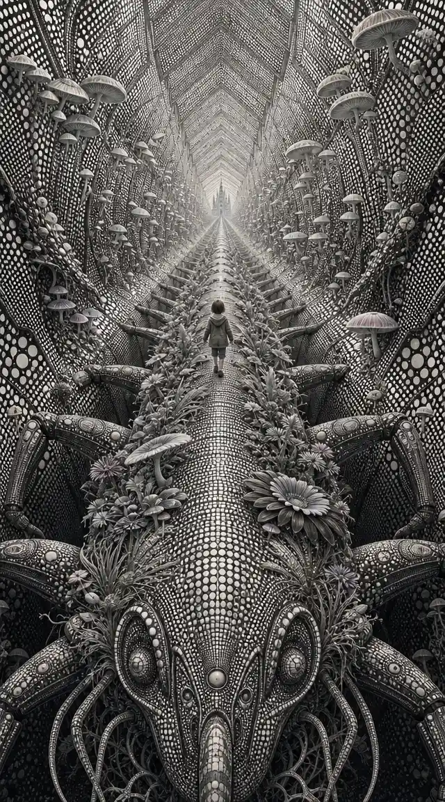 Child walking along a surreal living tunnel creature