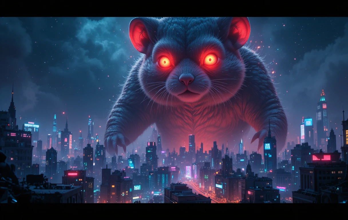 Colossal Hamster Deity Above A Neon Cyberpunk City