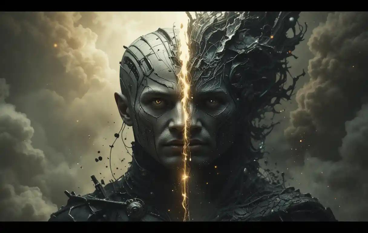 Gemini split persona battling in a surreal cosmic void
