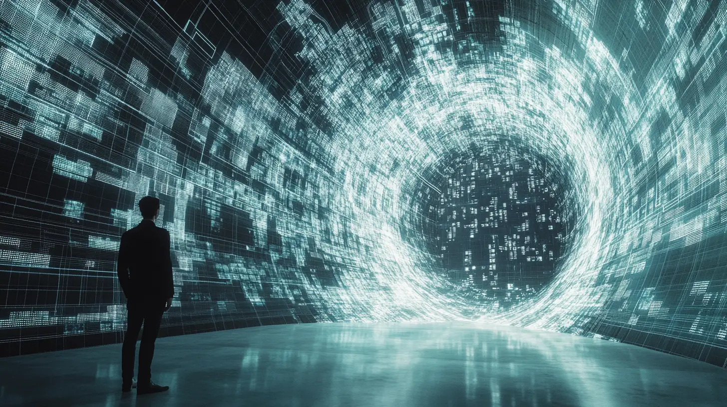 Vortice di dati che collassa in un unico piano di dashboard luminoso