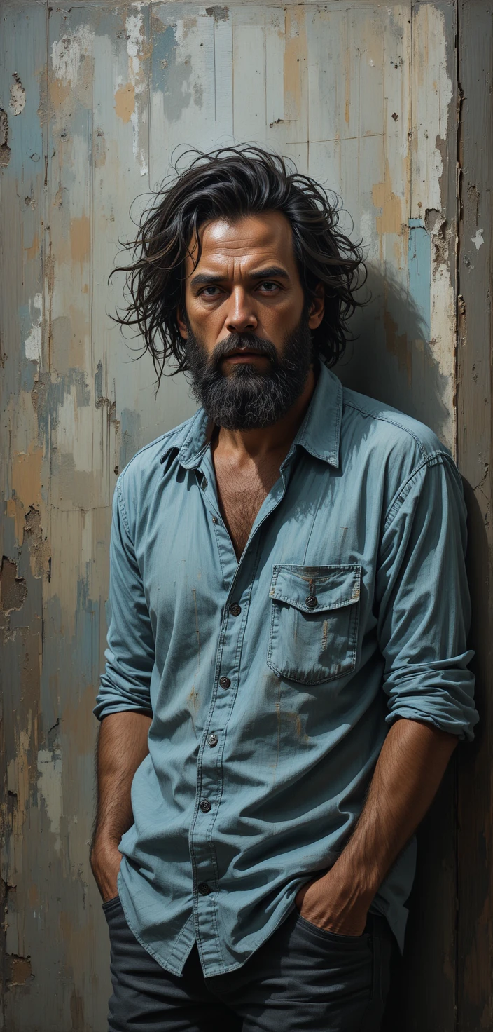 Melancholic man in blue shirt against abstract painted wall