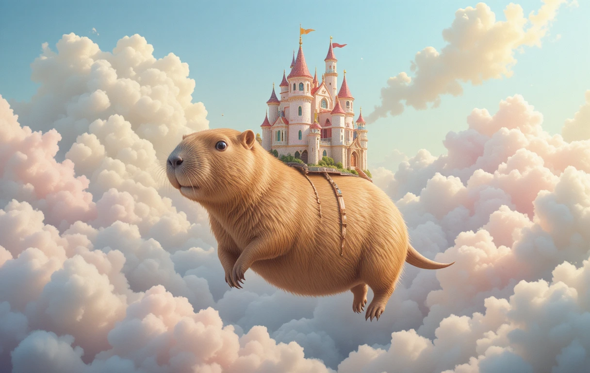 Giant capybara floating through pastel clouds with tiny castle
