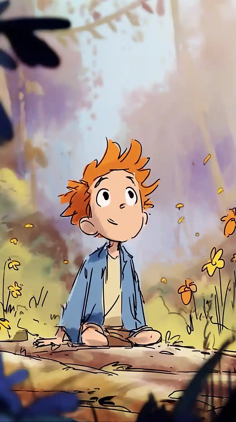 Joyful red haired boy sitting on a jungle rock