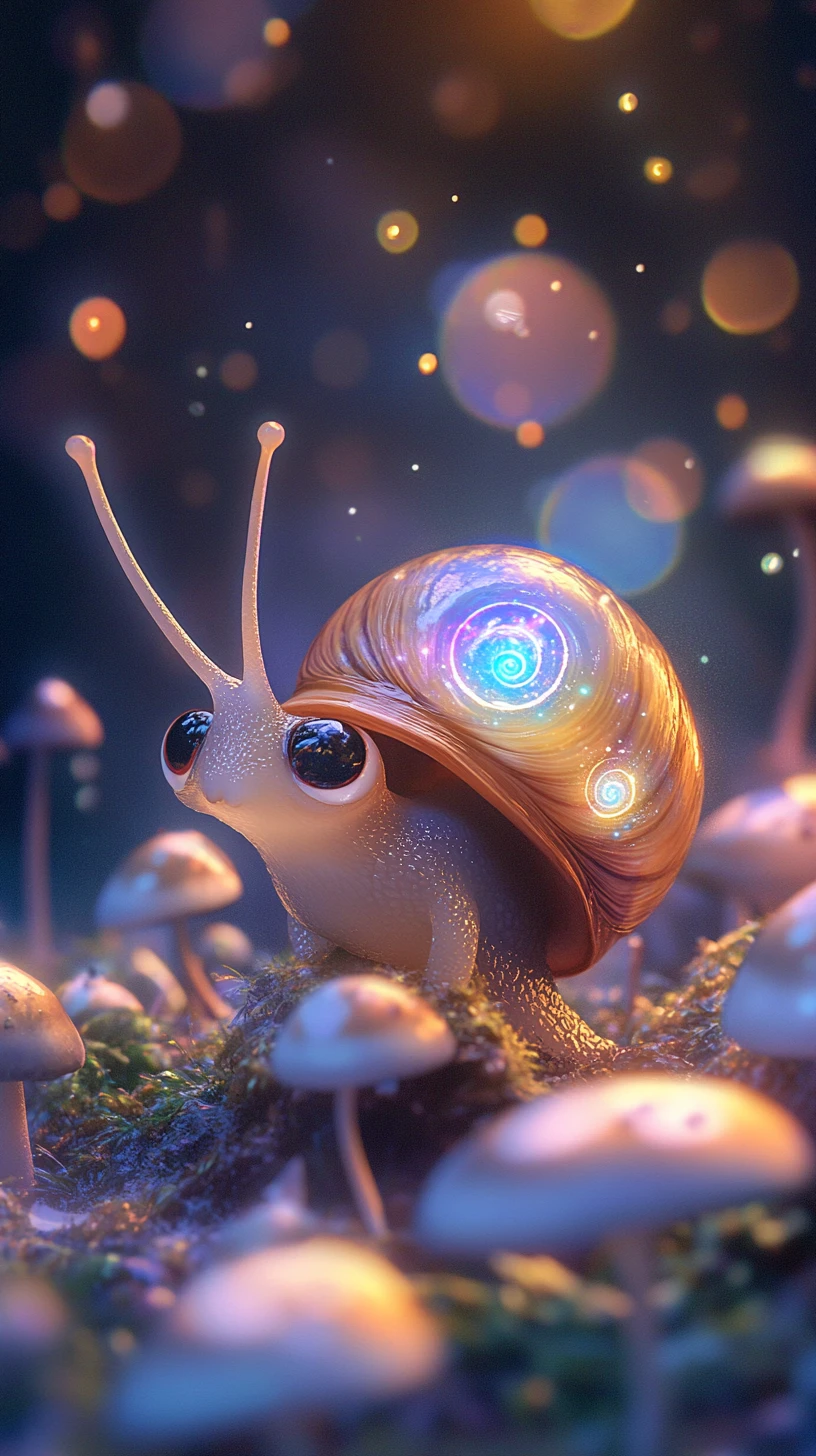 Tiny galaxy snail on glowing mushrooms in fantasy forest