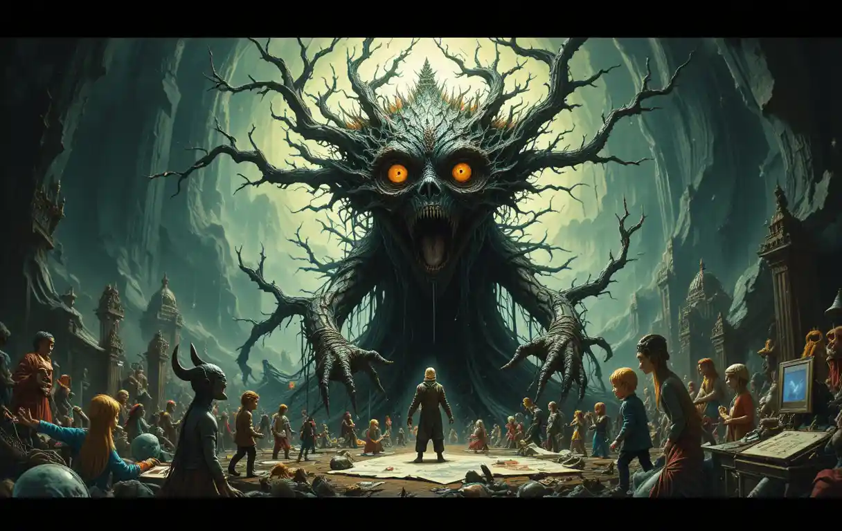 Cosmic horror deity invading a childs surreal dreamscape