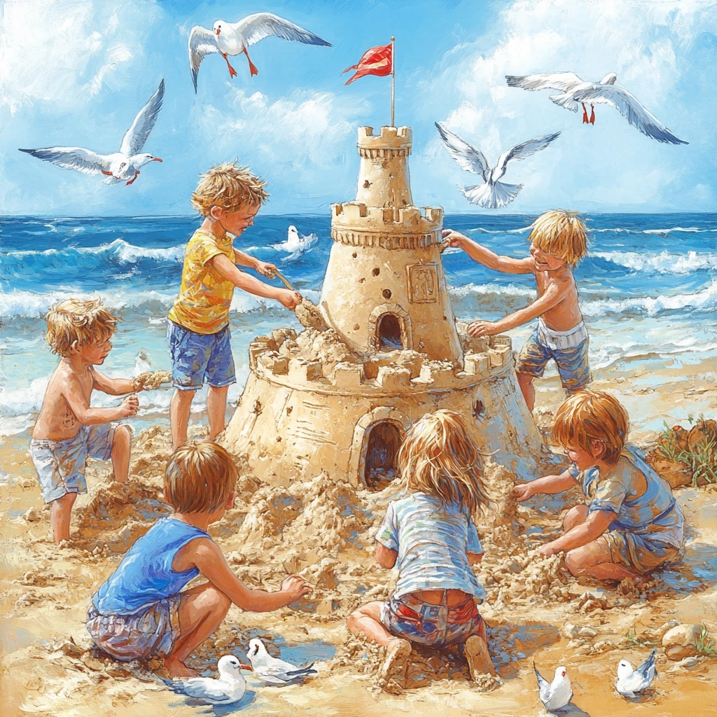 Happy children building a sandcastle on a sunny beach