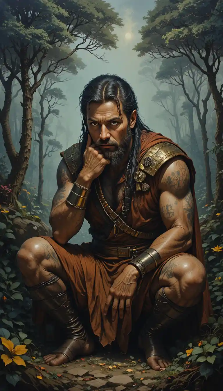 Tribal warrior seated in a dark silent forest at dusk