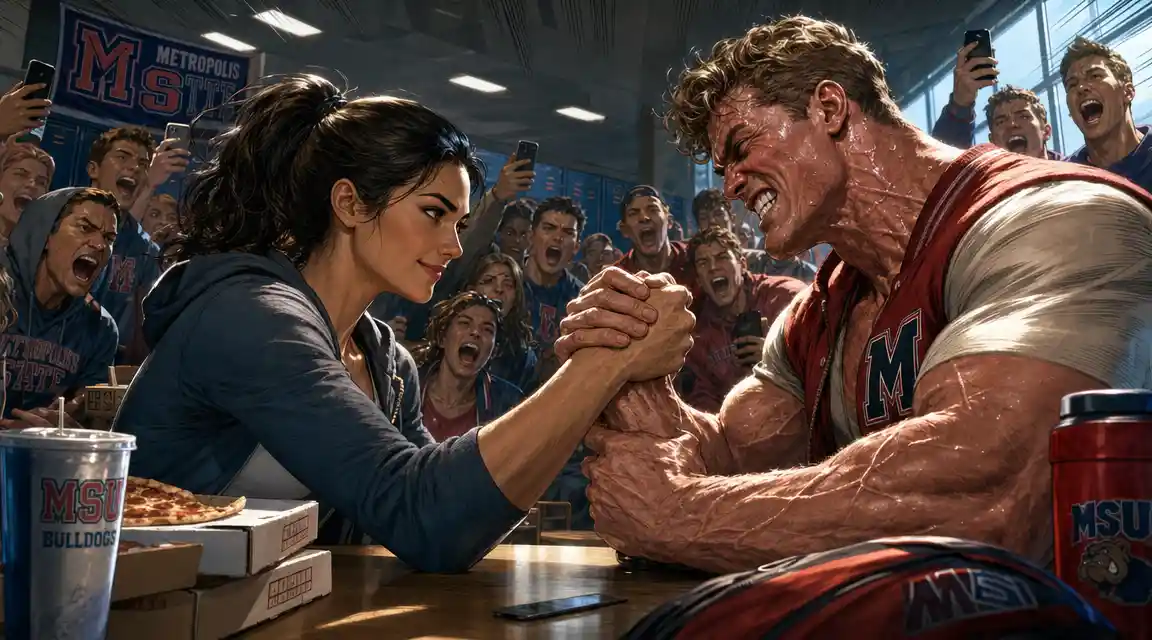 Undercover warrior woman arm wrestling jock in cafeteria