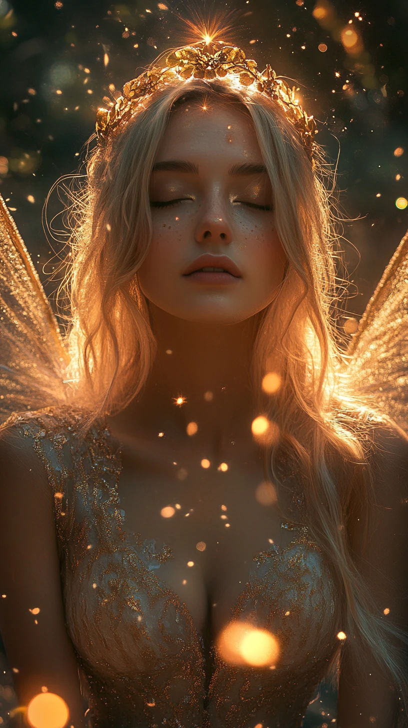 Golden winged fairy resting in a dark enchanted forest