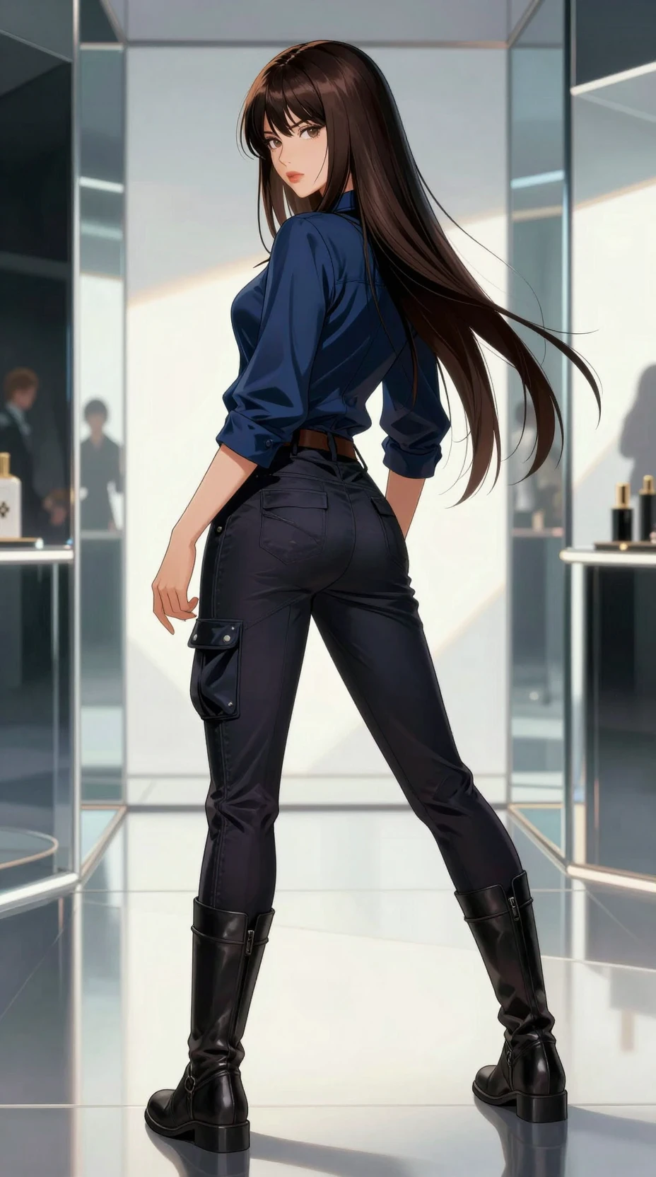 Young woman posing in futuristic mirrored chamber