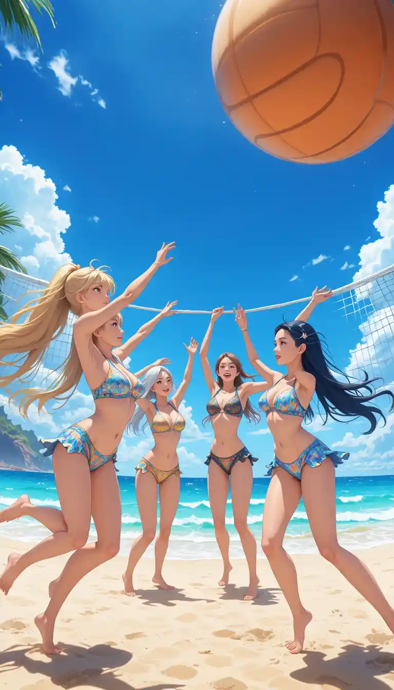 Anime girls playing beach volleyball in dynamic low angle view