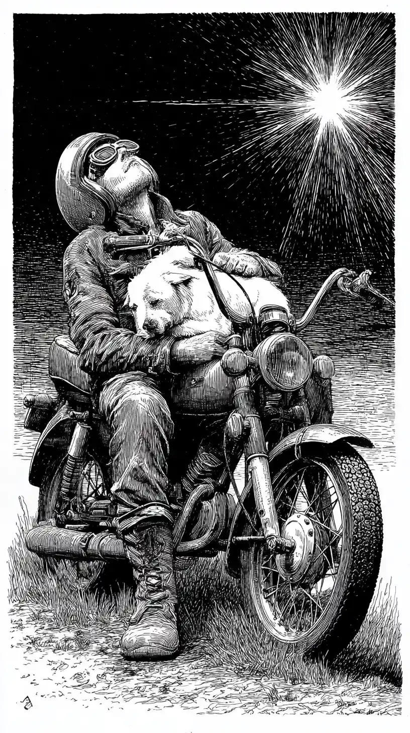 Tired motorcyclist sleeping on vintage bike with puppy