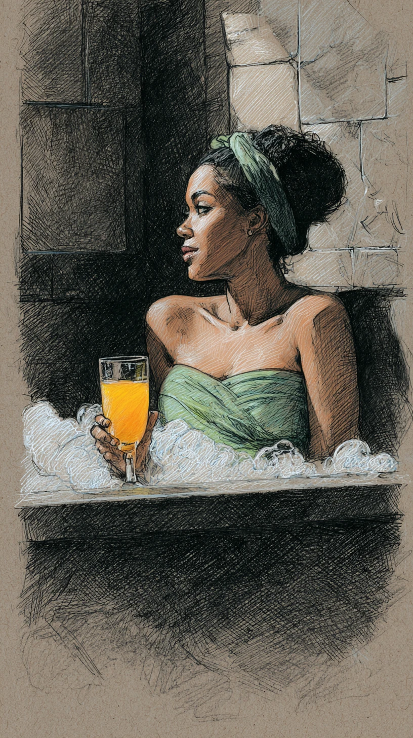 Thoughtful black woman relaxing in a foamy bathtub